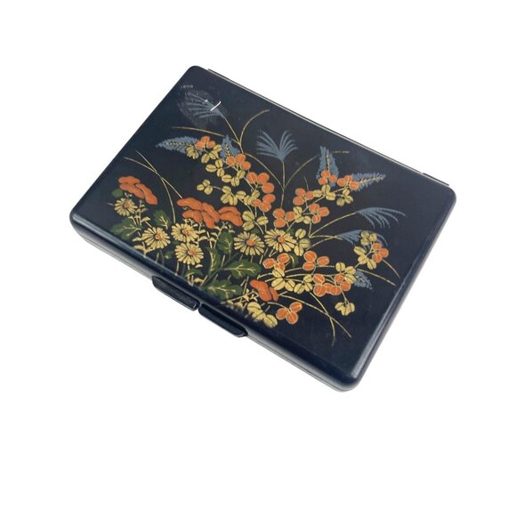 Vintage Black Lacquered Floral Compact Hong Kong With Mirror For Jewelry Trinket - Picture 4 of 9